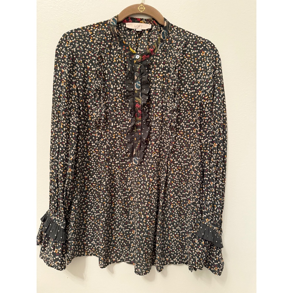 LOFT Women's Floral Ruffle Neck Long Sleeve Tunic Top Size M